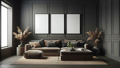 Frame Blank Framed Wall Art Mockup in a contemporary dark living room with a sectional couch2