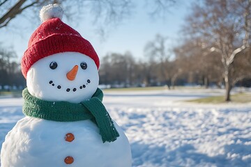 Obraz premium Snowman with Red Hat and Green Scarf in Snowy Winter Landscape
