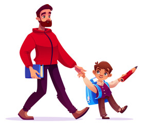 School child walk with father - cartoon illustration of excited pupil holding dad hand while brandishing oversized pencil. Male parent carries book alongside son wearing backpack heading to education.