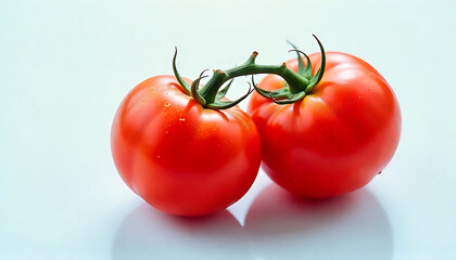 Two ripe red tomatoes on a branch against a white background, Delicious red tomatoes, Juicy red tomatoes, Food photography of fresh cherry tomatoes, created with generative ai