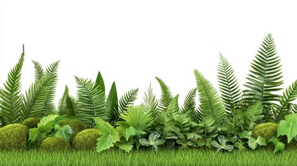 Lush greenery with various ferns and leaves against a white background, creating a fresh and vibrant natural scene.