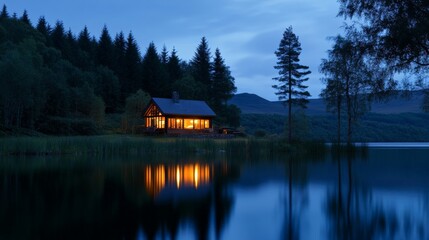 Fototapeta premium Cozy cabin glowing by the lake at dusk, surrounded by tall trees and peaceful mountains, creating a serene getaway atmosphere.