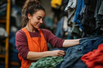 Woman preparing used clothes to donate to charity, Generative AI