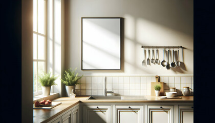 Frame Blank framed poster in a modern kitchen with a window over the sink, casting a beautiful light on th2