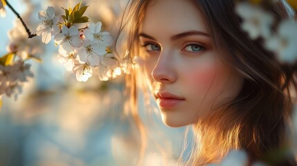 Fototapeta premium A young woman amidst blooming cherry blossoms, radiating beauty and tranquility under soft golden light in a serene moment.