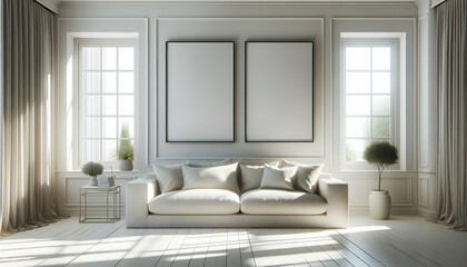 Frame A minimalist white living room with blank framed wall art, two large windows bringing in ample sunli3
