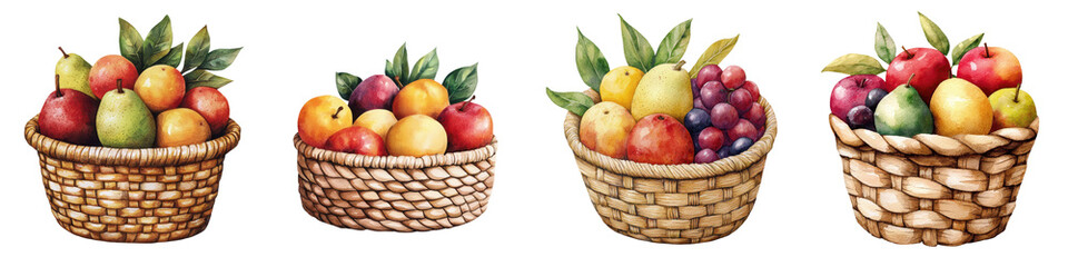Assortment of Seasonal Fruits in Wicker Baskets on Wooden Table