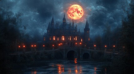 Fototapeta premium Dark castle, fiery moon, bridge, water, night.