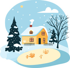 Naklejka premium Winter landscape with house, Flat vector art to represent winter. Happy New Year
