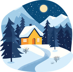 Fototapeta premium Winter landscape with house, Flat vector art to represent winter. Happy New Year