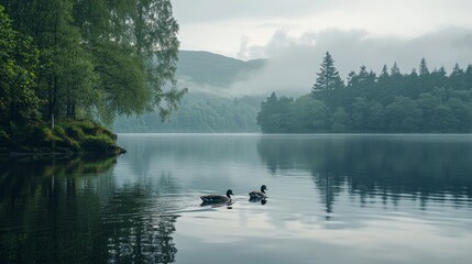 Serene Ducks Swimming in a Calm Lake Surrounded by Lush Greenery and Foggy Mountains