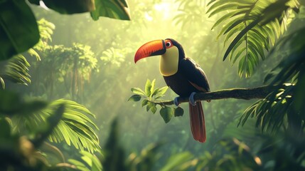 Fototapeta premium Tropical toucan in jungle, exotic bird, vibrant nature scene
