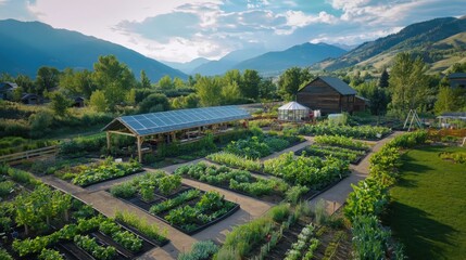 Eco-friendly community garden showcasing solar panels and sustainable practices in serene mountain landscape