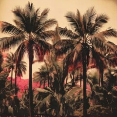 A serene tropical view featuring tall palm trees with full green fronds, casting dark silhouettes against the radiant colors of a glowing sunset sky.