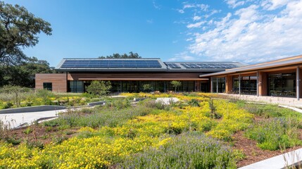 Obraz premium Sustainable eco-friendly school with solar panels and green roof innovative education programs outdoor learning environment