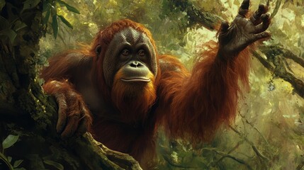 Obraz premium Orangutan reaching out, Jungle background, Green foliage, Nature photography, Wildlife, Forest scene, Primate image