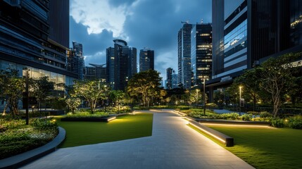 Naklejka premium Energy efficient cityscape at night featuring green buildings and led lighting in urban green spaces