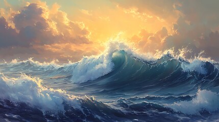 Dramatic ocean waves at sunset, turbulent water, golden light.