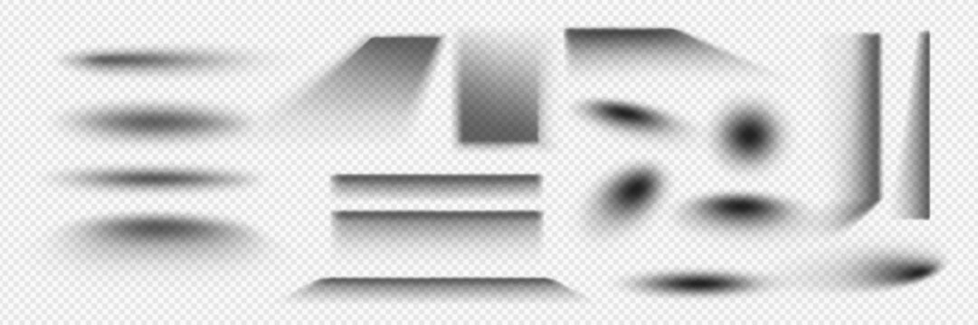 Box shadow effect vector. Realistic light shade overlay on floor. Transparent soft edge for circle and rectangular element isolated mockup. Bottom blur border layout for surface side view template