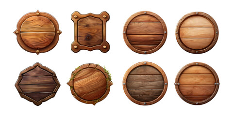 Vintage Wooden Shields Collection for Design Projects, isolated on transparent background