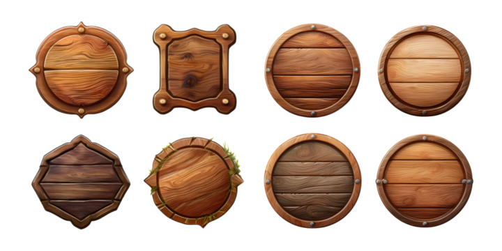 Vintage Wooden Shields Collection for Design Projects, isolated on transparent background