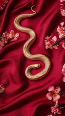 Golden Snake on Red Fabric with Pink Blossoms