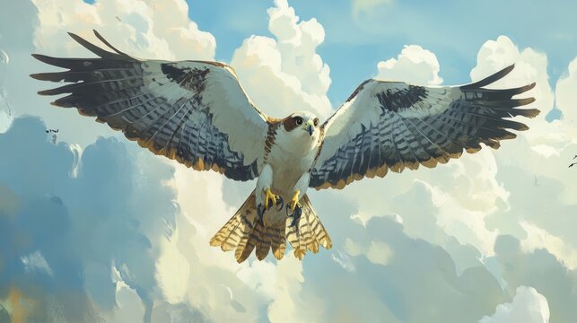 Majestic hawk soaring through fluffy clouds in a vibrant sky.