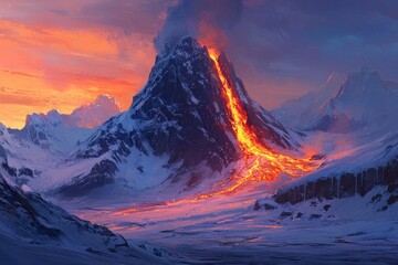 A majestic volcano erupting in the middle of an Arctic landscape, snow-covered ground and orange lava pouring down its side.