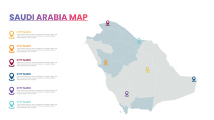Saudi Arabia Modern Map Infographic Template, Detailed infographic map of Saudi Arabia Popular City