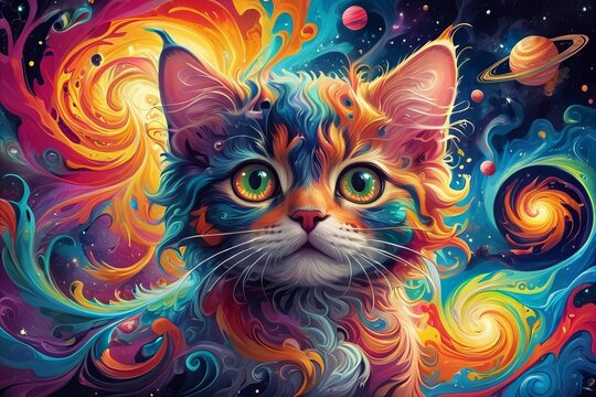 Kitten cat head in fractals and swirls of psychedelic art
