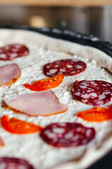 Making cooking pizza fresh ingredients homemade