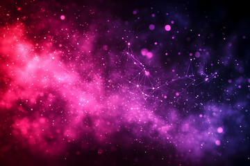 Fototapeta premium Abstract cosmic nebula with pink, purple, and blue hues, featuring a network of interconnected nodes and glowing particles.