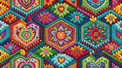 Fototapeta premium Vibrant floral textile design featuring intricate embroidered hearts and geometric patterns in a captivating array of colors