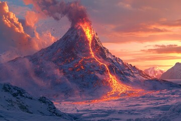 Fototapeta premium A majestic volcano erupting in the middle of an Arctic landscape, snow-covered ground and orange lava pouring down its side.