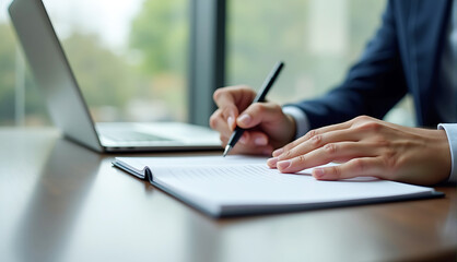 A professional setting where hands are holding a pen, writing notes on a notepad, with a blurred office background. A sleek table and laptop are partially visible