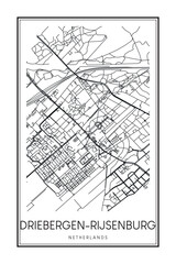 Printable downtown road map poster of the Dutch city of DRIEBERGEN-RIJSENBURG on solid white background with city name