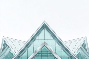 Obraz premium A minimalist style of a building roof and facade, featuring sharp lines and geometric shapes of glass panels against an isolated white background.