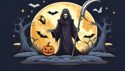 Halloween Scene - Grim Reaper With Scythe And Halloween Moon