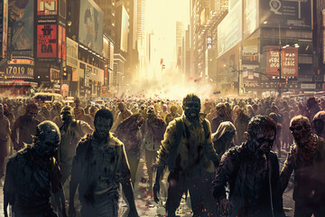 Obraz premium Scary sinister zombie wandering in street with dramatic lighting