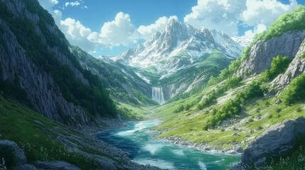 Majestic mountain valley with river, waterfall, and lush greenery under a sunny sky.