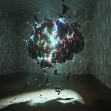 Shattered Mind: Abstract 3D Render of Exploding Brain