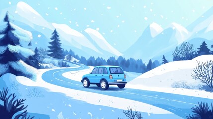 a car driving down a snowy road in the mountains