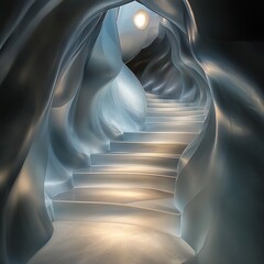 Naklejka premium Ascend to the Unknown: A surreal stairway carved through a luminous, ethereal landscape, beckoning the viewer towards an unseen destination. The soft glow of the moon casts an otherworldly light.