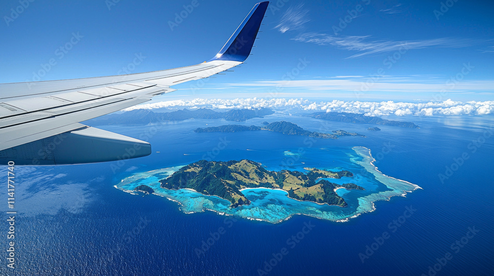 Poster a plane is flying over a body of water with a small island in the middle