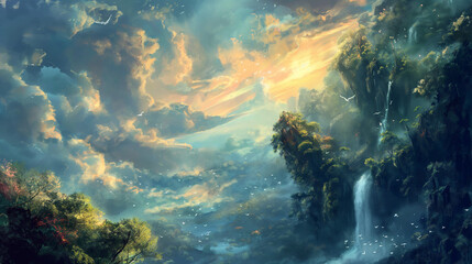 Fototapeta premium 静寂の森と滝の美しいイラスト