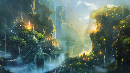 静寂の森と滝の美しいイラスト