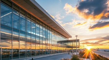 Obraz premium Sustainable airport terminal innovations green initiatives modern transportation hub urban environment aerial view eco-friendly design