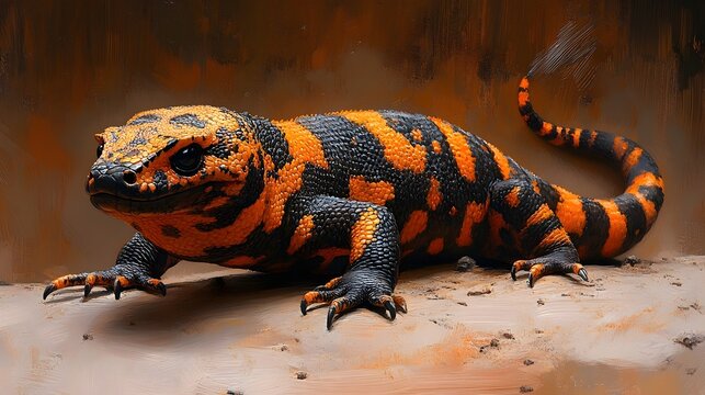 A colorful lizard with black and orange stripes is laying on the ground
