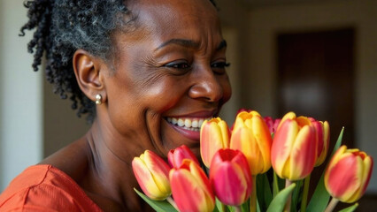 Elderly happy black woman smiling holding a bouquet of fresh colored tulips yellow, pink, red. Gift for mom or grandma on holiday. International Mother's Day