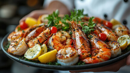 A chef presenting an artistic seafood platter with garnishes and sauces in a fine dining restaurant